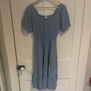 Monteau Dusty Blue Tiered Midi Dress with Puff Sleeves